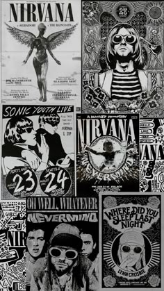 the nirvana band poster is shown in this black and white photo, with many different images