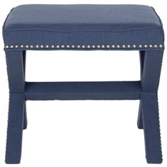 a small blue stool with studded trimmings on the legs and foot rest