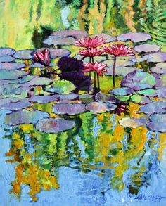 an oil painting of water lilies and lily pads