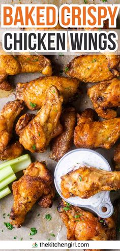 image of crispy baked chicken wing dipping into ranch dressing next to pile of wings and celery sticks on parchment paper. Title text: Baked Crispy Chicken Wings How To Make Wings Crispy In Oven, Healthy Baked Wings Oven, Baked Chicken Wings Oven Easy, Crispy Oven Baked Chicken Wings Corn Starch, Baked Chicken Party Wings Recipes, Over Baked Chicken Wings, Chicken Wings In Oven Recipes, Bone In Chicken Wings Oven Baked