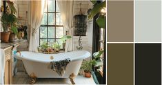 the bathroom is decorated in shades of brown and white, with green plants on the window sill