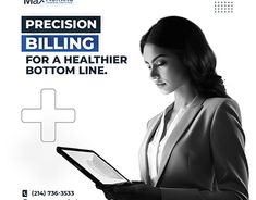 a woman holding a laptop computer in her hands with the words precision billing for a healthier bottom line