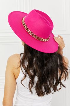 This super trendy felt hat comes in a beautiful fuchsia color that can bring a neutral outfit to life! This hat features a chain detailing and adjustable straps. Type: Fedora hat Pattern type: Contrast Material: 90% polyester, 10% plastic Imported Product measurements: Brim: 3.5 inInterior width: 6.8 inHeight: 4 inEstablished in 2010 in LA, Fame Accessories supplies women from all walks of life with quality and affordable jewelry and accessories. They seek to set trends instead of following them Fedora Hat Pattern, Rosé Hot, Felt Fedora, Stylish Hats, Pink Hat, Fuchsia Color, Neutral Outfit, Affordable Jewelry, Felt Hat