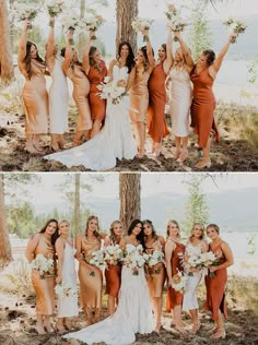 the bride and her bridal party are posing for pictures in front of a tree