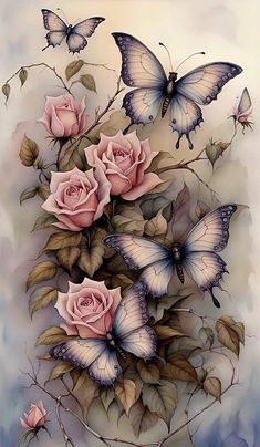 some pink roses and butterflies on a white background