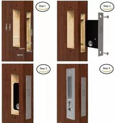 four different types of door handles and knobs with instructions on the front, side, and back