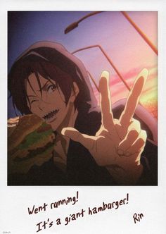 an anime character holding his hand up in front of him with the words west for a run giant hamburger cin