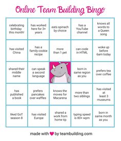 a printable game with the words online team building bingo and an image of a rhino