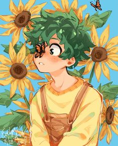 a boy with green hair and sunflowers in the background