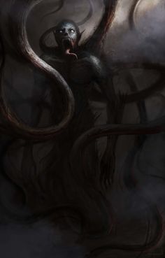 a demonic creature with its mouth open in front of a dark, foggy background