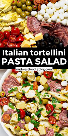 2 close up photos of Italian tortellini pasta salad Antipasto Pasta Salad, Antipasto Pasta, Antipasto Salad Recipe, Antipasto Pasta Salads, Sliced Salami, Pasta Salad With Tortellini, Antipasto Salad, Red Wine Vinaigrette, Tortellini Pasta