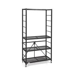 a black metal shelf with three shelves on each side and two wheels to the bottom