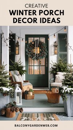 a front porch decorated for christmas with evergreens and pine cones