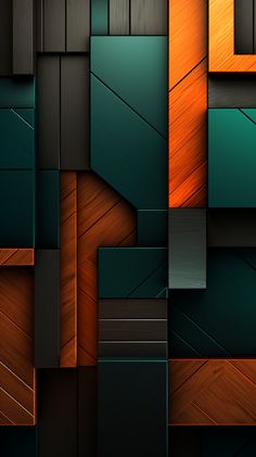 an abstract background consisting of wood panels and metal strips in shades of orange, green, brown and black