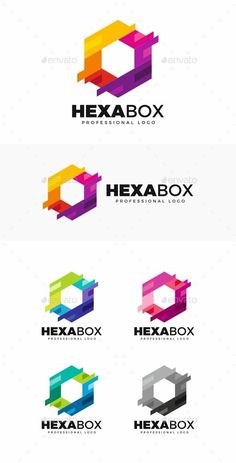 the hexa box logo is shown in multiple colors and sizes, as well as an image