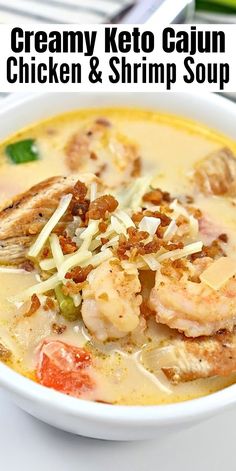 a bowl of creamy keto cajun chicken and shrimp soup