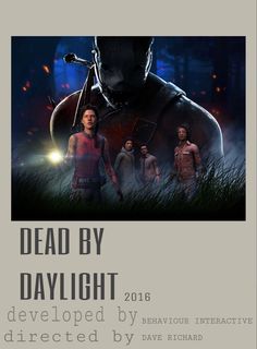 the poster for dead by daylight is shown in front of an image of two men