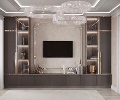 an elegant living room with chandelier and tv on the wall, in grey tones