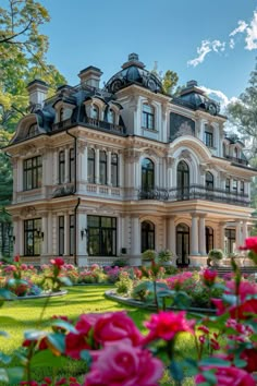 a large house with lots of flowers in front of it