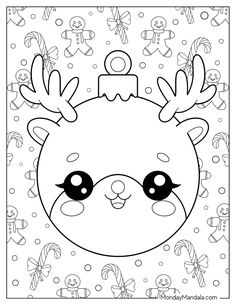 the reindeer face is outlined in black and white with candy canes all around it