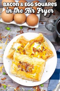 bacon and egg squares in the air fryer on a white plate next to eggs