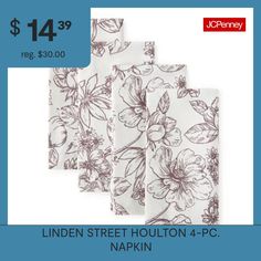 Made from 100% cotton, this 4-piece woven napkin set by Linden Street will elevate your dining experience thanks to its beautiful floral print. Style it with a matching table runner from the collection. # Pieces In Set: 4Included: 4 Napkin(s)Place Setting: Service for 4Shape: SquareUse: IndoorMeasurements: 20 Width/Inches, 20 Length/InchesBase Material: 100% CottonFabric Description: WovenCare: Machine WashCountry of Origin: Imported Print Style, Place Setting, Color Ivory, Napkins Set, Dining Experience, Place Settings, Dining Experiences, Table Runner, The Collection