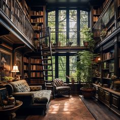 a living room filled with lots of furniture and bookshelves next to a window