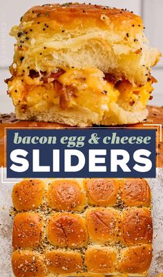 bacon, egg and cheese sliders are stacked on top of each other with text overlay