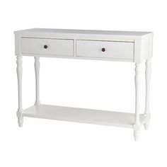 a white console table with two drawers