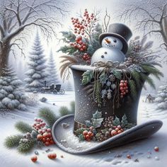 a painting of a snowman in a top hat with berries and pine cones on it