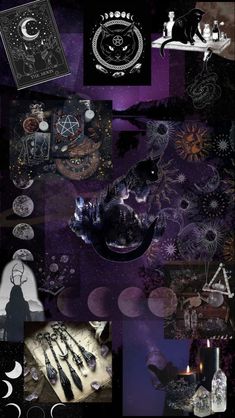 a collage of images with various items in them including candles, books and other things