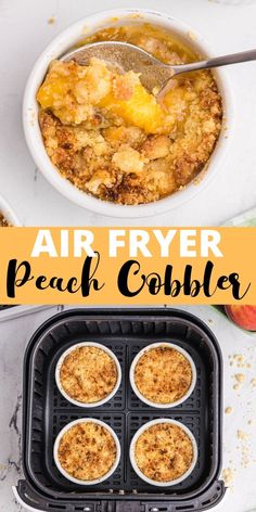 air fryer peach cobbler recipe with text overlay