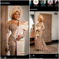 an african woman wearing a gold gown and head wrap, standing in front of a mirror