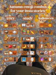 an image of someone's feet with autumn emoji combos for your instagram stories