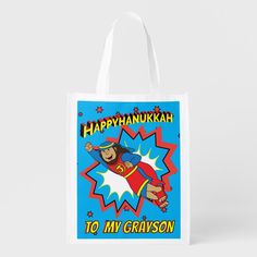 a happy hanukkah to my grandson gift bag with an image of a super hero