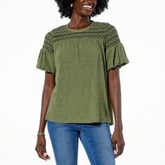 DG2 by Diane Gilman Plissé Knit Lantern-Sleeve Smocked Top  Like a beacon of light, this lantern-sleeve plissé knit top calls attention to your savvy style. It's the perfect upgrade from boring tees or basic blouses. Green Cotton Top With 3/4 Sleeve, Basic Blouses, Smocked Top, Beacon Of Light, Lantern Sleeves, Smocking, Knit Top, Fashion Clothes Women, Lanterns