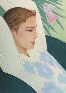 a painting of a woman with her eyes closed and flowers in front of her face