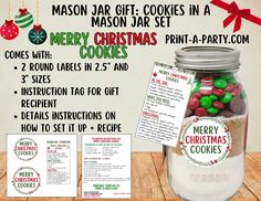 a mason jar filled with christmas cookies next to a printable recipe card and instructions