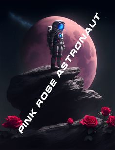 an astronaut standing on top of a rock in front of a pink moon and red roses