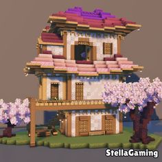 an animated house with trees and flowers in the foreground