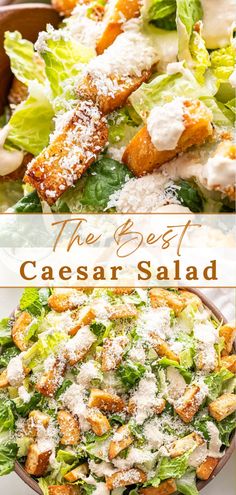 This classic Caesar salad features crisp romaine lettuce, crunchy baked garlic Parmesan croutons, plenty of shredded Parmesan cheese, and a light and creamy homemade dressing that brings the whole salad together!