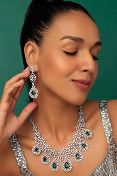 Silver toned necklace with floral motifs embellished with cubic zircon diamonds and green stones. Comes with matching pair of dangler earrings. - Aza Fashions Dangler Earrings, Green Stones, Diamond Necklace Set, Floral Motifs, Green Stone, Aza Fashion, Jewelry Ideas, Luxury Jewelry, Jaipur