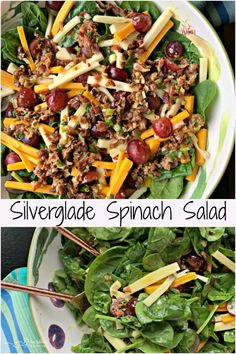 two pictures of salads with cheese and meat on top, one has spinach