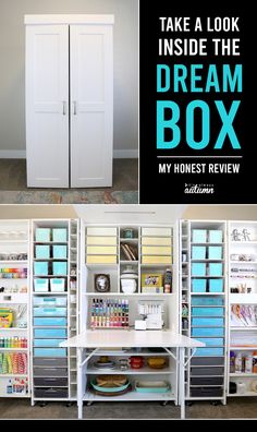 the inside of a white closet with blue drawers and shelves filled with crafting supplies