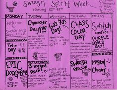 a pink poster with black writing on it that says sunday spirit week and friday school days