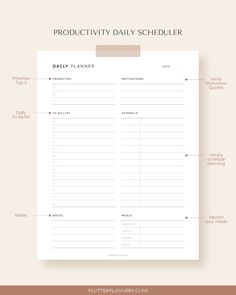 the printable daily planner is shown on top of a piece of paper with text