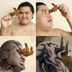 four different pictures of a man with his face painted like an antelope and eating something