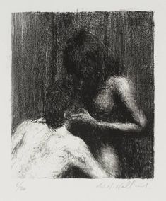 a black and white drawing of a woman sitting on a bed with her back to the camera