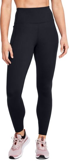 Fit & Design: Fitted leggings Soft, stretchy performance knit fabric delivers support and all-day comfort Wide, flat waistband offers a flattering fit Built-in pockets on left side for convenience Under Armour® logo on back waistband Technology: Moisture-wicking technology to keep you dry and comfortable Built-in 4-way stretch construction moves better in every direction Anti-odor technology prevents the growth of odor-causing microbes Additional Details: Inseam: 27” Under Armour Store, Under Armour Apparel, Under Armour Leggings, Womens Workout, Under Armour Logo, Armour Women, Workout Clothing, Activewear Brands, Crop Leggings