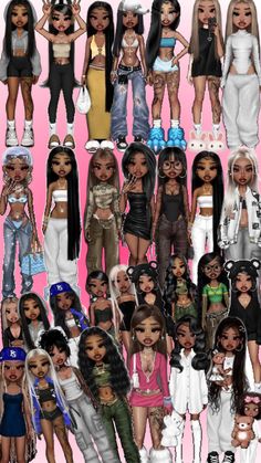 a collage of barbie dolls all dressed up and posing for the camera with their hair pulled back